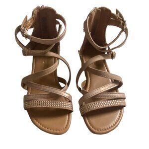 Sugar Girls Strappy Sandals With Zippered Backs-Tan/Gold-Size 1-GUC